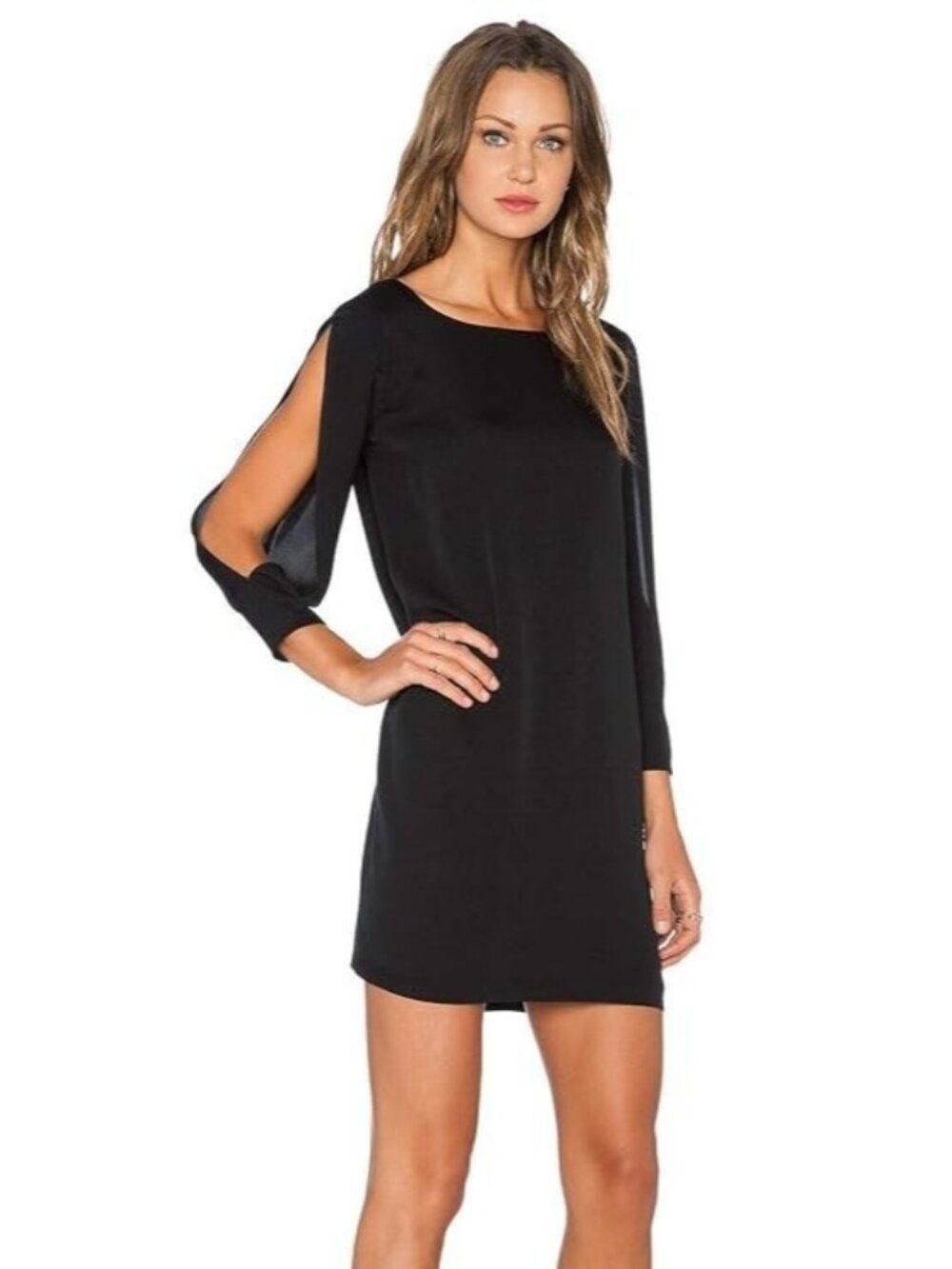 Moda International Little Black Dress Split Sleeve Sz 2 Vintage Y2K Minimalist